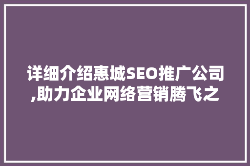 详细介绍惠城SEO推广公司,助力企业网络营销腾飞之路