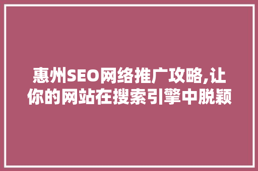 惠州SEO网络推广攻略,让你的网站在搜索引擎中脱颖而出