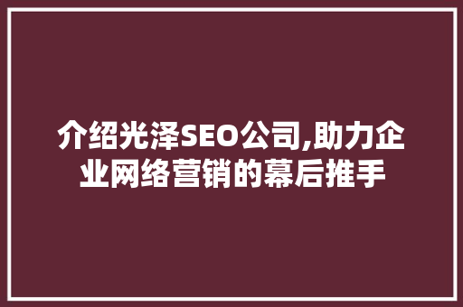 介绍光泽SEO公司,助力企业网络营销的幕后推手