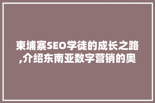 柬埔寨SEO学徒的成长之路,介绍东南亚数字营销的奥秘