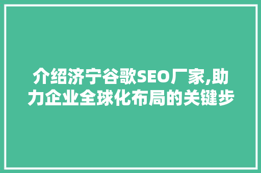 介绍济宁谷歌SEO厂家,助力企业全球化布局的关键步骤