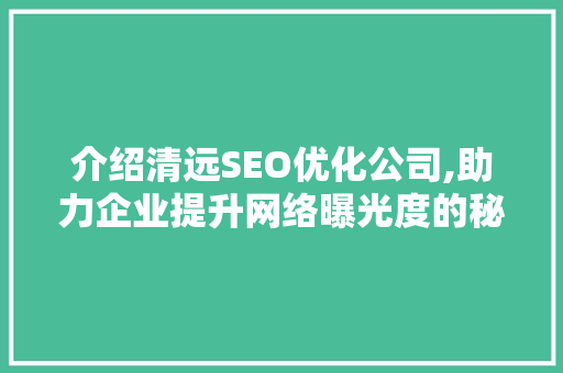介绍清远SEO优化公司,助力企业提升网络曝光度的秘密武器