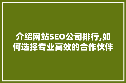 介绍网站SEO公司排行,如何选择专业高效的合作伙伴