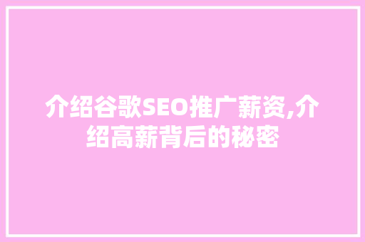 介绍谷歌SEO推广薪资,介绍高薪背后的秘密
