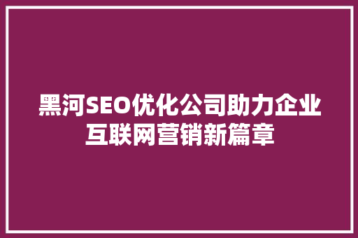 黑河SEO优化公司助力企业互联网营销新篇章