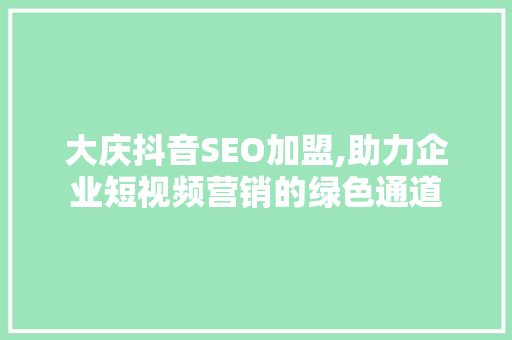 大庆抖音SEO加盟,助力企业短视频营销的绿色通道