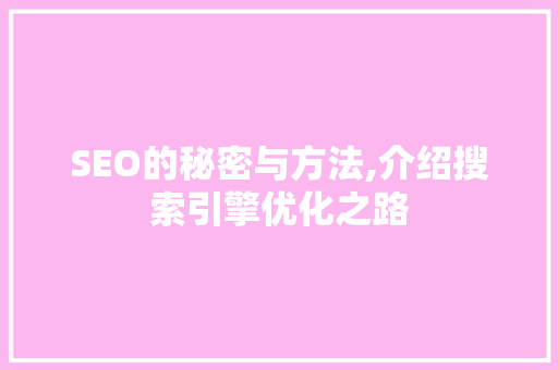 SEO的秘密与方法,介绍搜索引擎优化之路