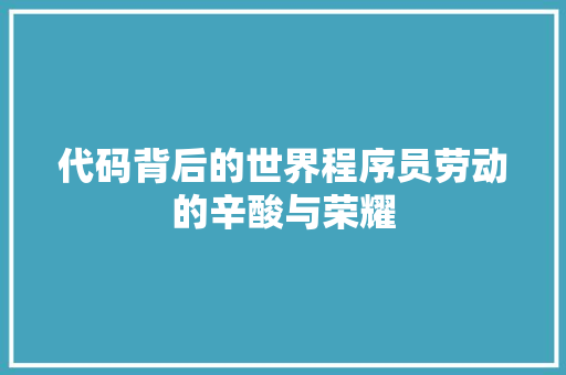 代码背后的世界程序员劳动的辛酸与荣耀