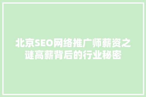 北京SEO网络推广师薪资之谜高薪背后的行业秘密