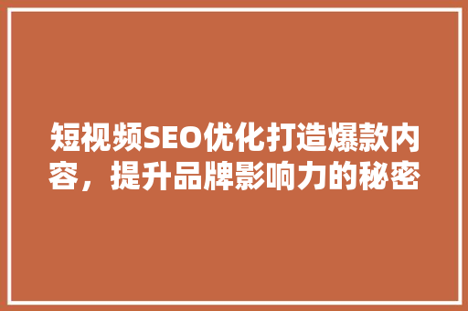 短视频SEO优化打造爆款内容，提升品牌影响力的秘密武器