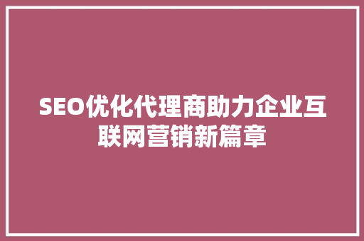 SEO优化代理商助力企业互联网营销新篇章