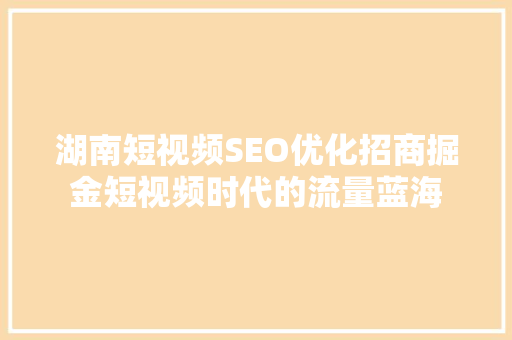 湖南短视频SEO优化招商掘金短视频时代的流量蓝海