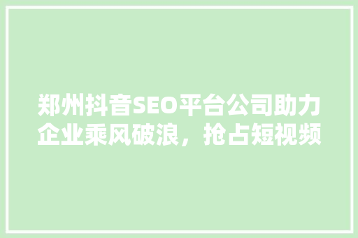 郑州抖音SEO平台公司助力企业乘风破浪，抢占短视频营销新风口