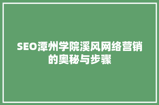 SEO潭州学院溪风网络营销的奥秘与步骤