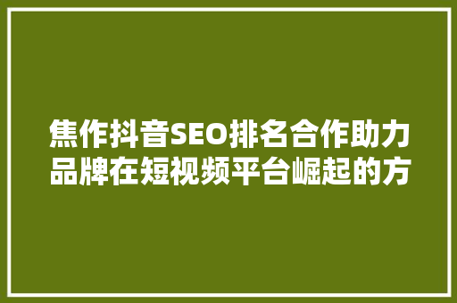 焦作抖音SEO排名合作助力品牌在短视频平台崛起的方法
