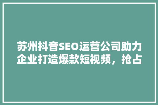 苏州抖音SEO运营公司助力企业打造爆款短视频，抢占流量高地