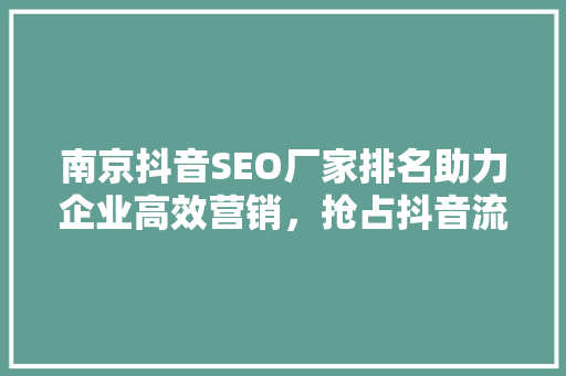 南京抖音SEO厂家排名助力企业高效营销，抢占抖音流量红利