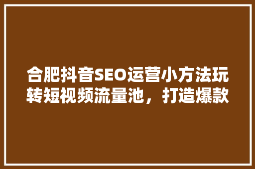 合肥抖音SEO运营小方法玩转短视频流量池，打造爆款短视频