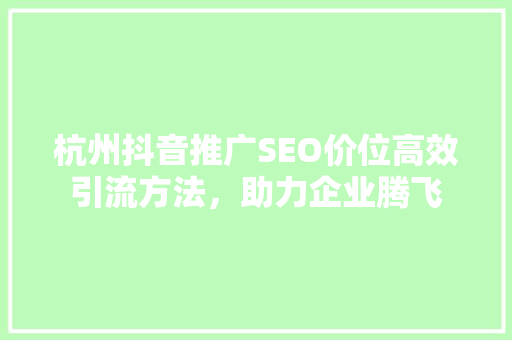 杭州抖音推广SEO价位高效引流方法，助力企业腾飞