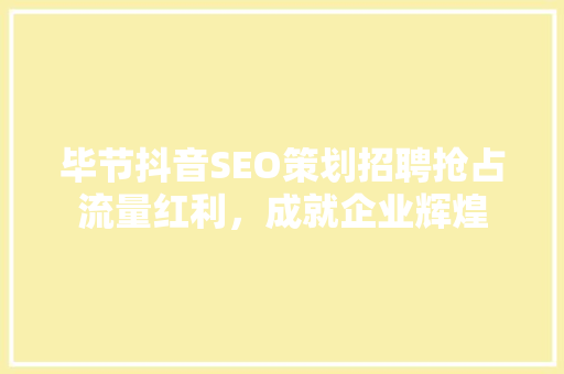 毕节抖音SEO策划招聘抢占流量红利，成就企业辉煌
