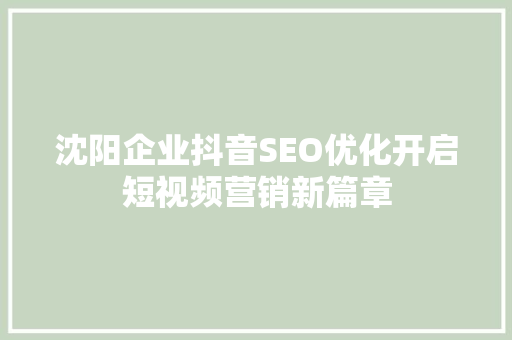沈阳企业抖音SEO优化开启短视频营销新篇章