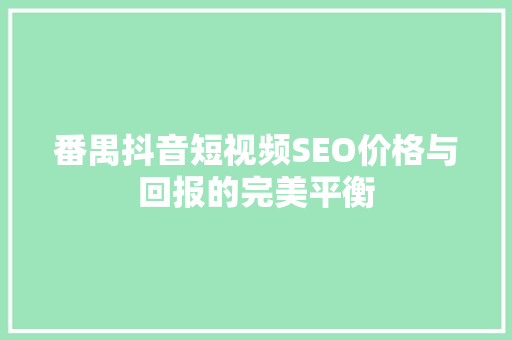 番禺抖音短视频SEO价格与回报的完美平衡