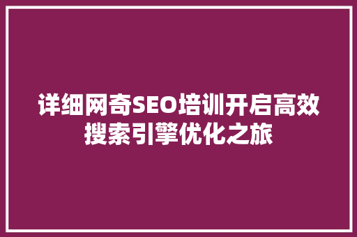 详细网奇SEO培训开启高效搜索引擎优化之旅