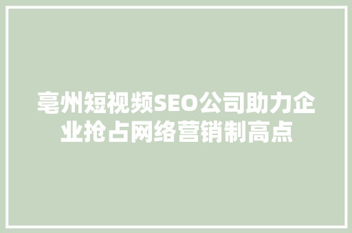 亳州短视频SEO公司助力企业抢占网络营销制高点