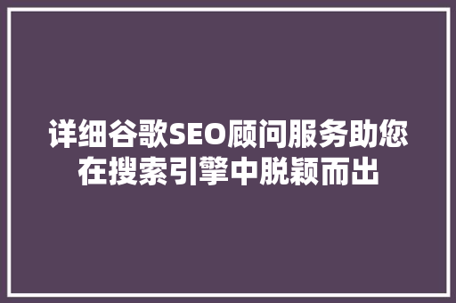 详细谷歌SEO顾问服务助您在搜索引擎中脱颖而出