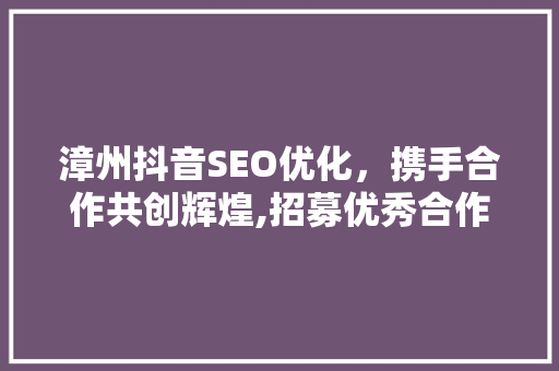 漳州抖音SEO优化，携手合作共创辉煌,招募优秀合作伙伴