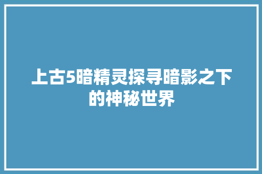 上古5暗精灵探寻暗影之下的神秘世界