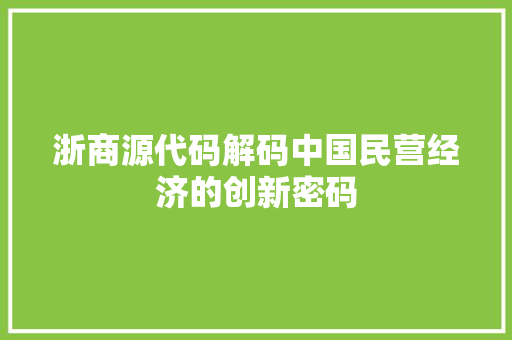 浙商源代码解码中国民营经济的创新密码